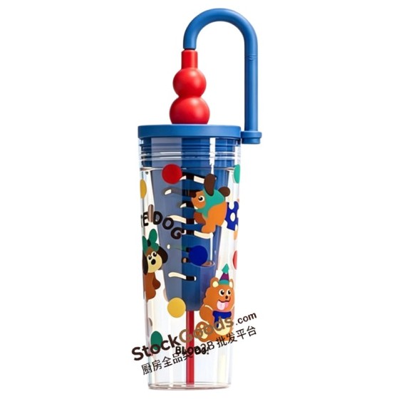 Blue Handle Gourd Shape Straw Cup With Dog Print 780ml With Tea Filter